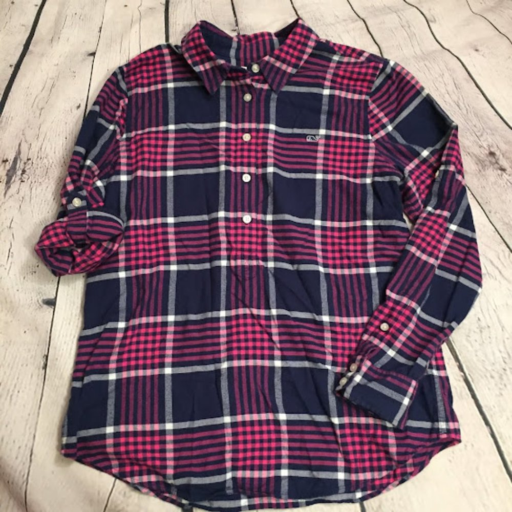 Vineyard Vines Plaid Popover Button Down Soft Flannel Shirt Relaxed Fit Size 8
